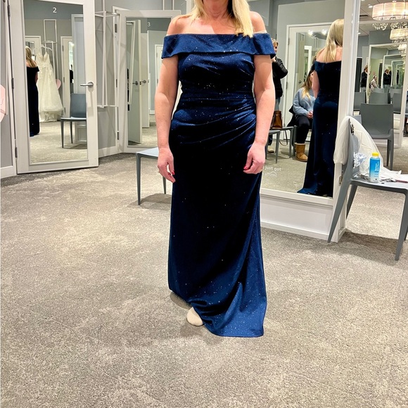 David’s Bridal Navy Off the Shoulder Draped Glitter Knit Sheath Dress - Picture 6 of 6